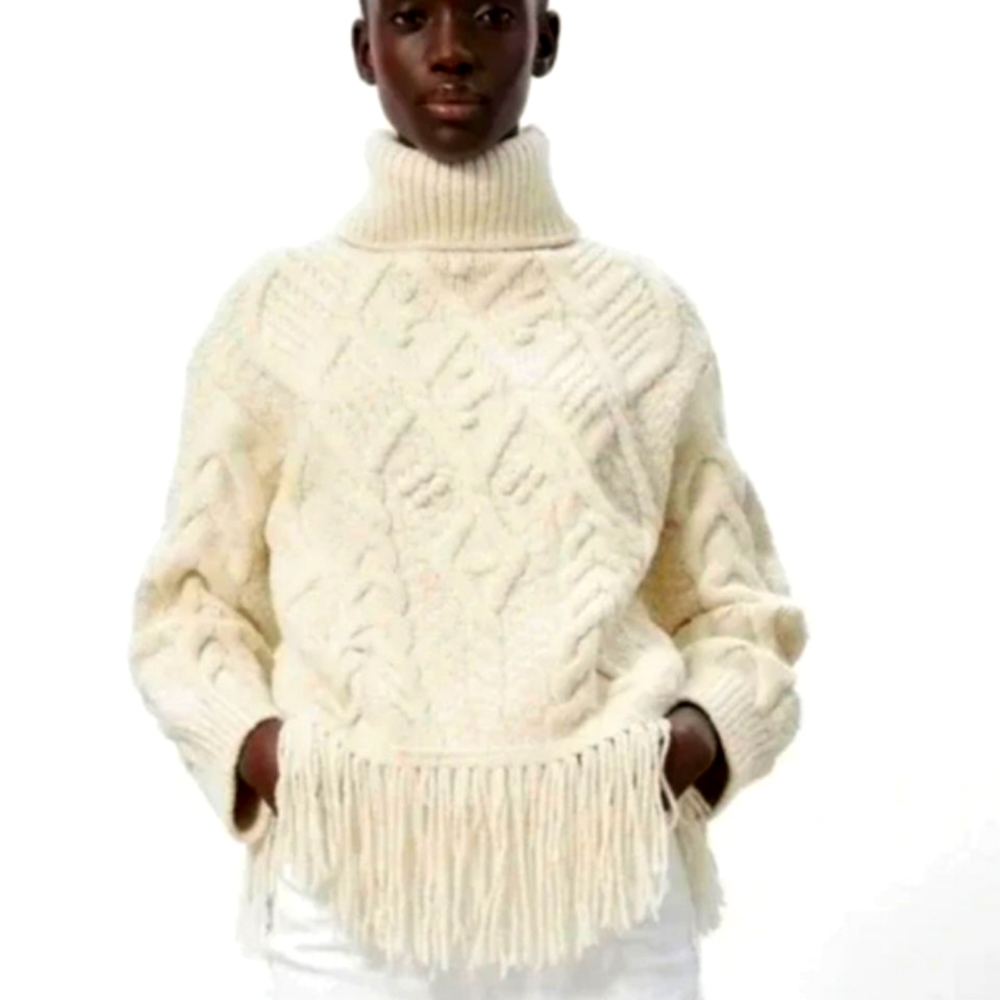 Zara Cream Cable-Knit Turtleneck Sweater with Fringe